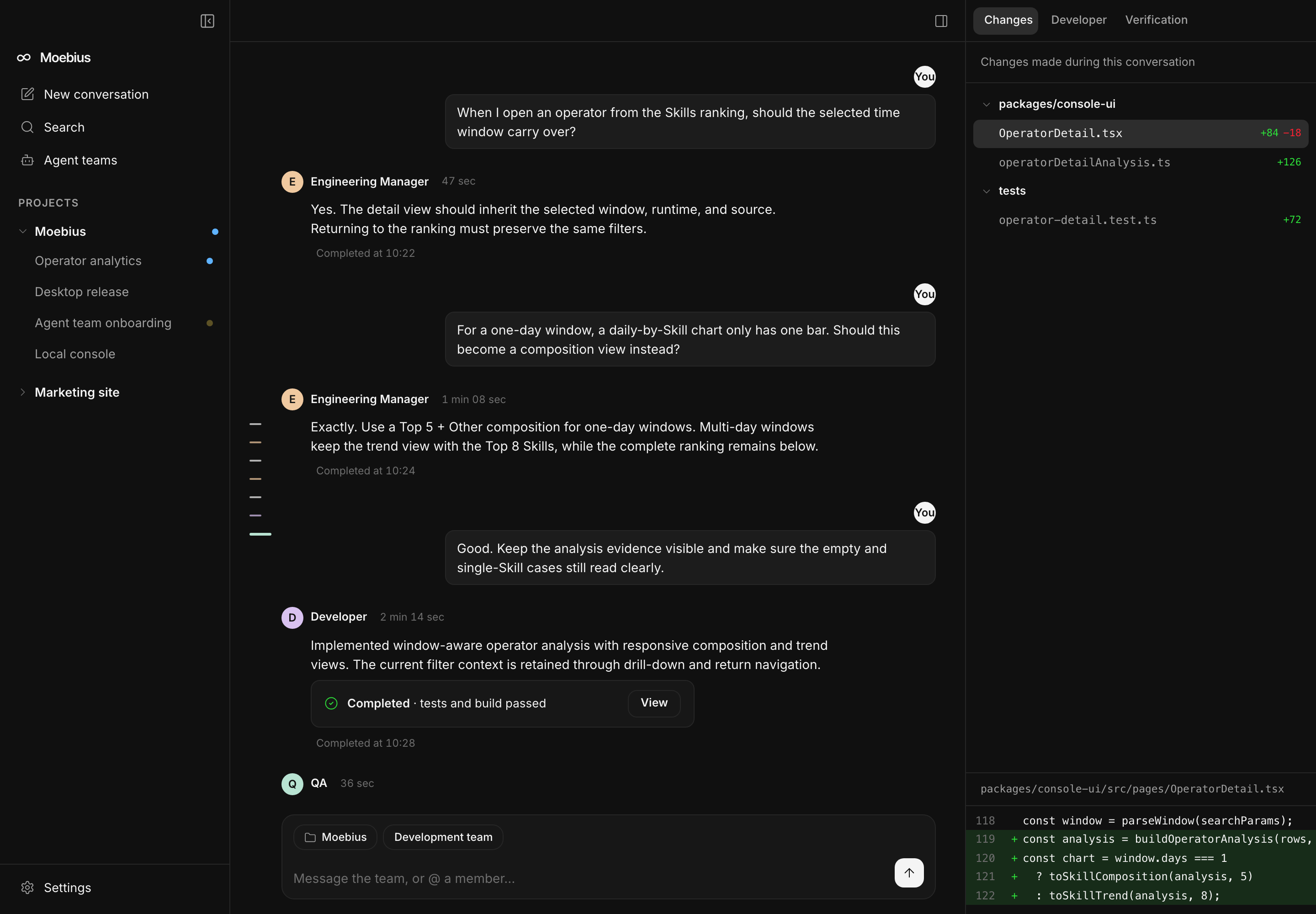 Moebius on the desktop: inside one conversation the engineering manager breaks the goal down while the developer and QA work in parallel, and the right pane lists the file changes as they land